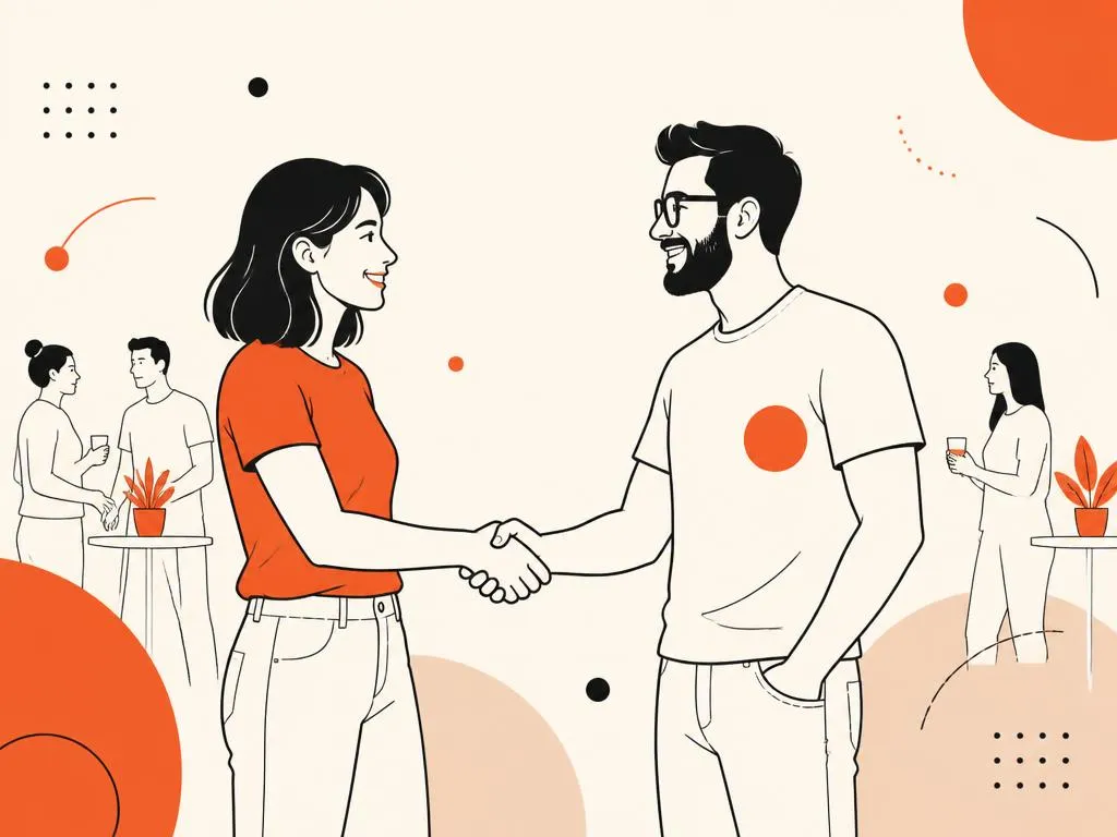 Line illustration of two people sharing a handshake at a casual meetup